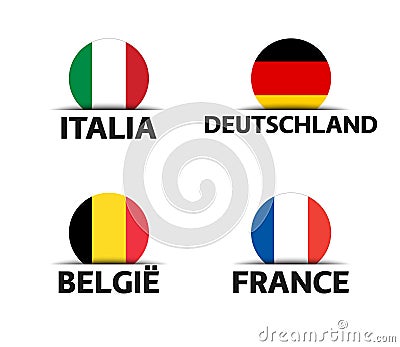 Set of four Italian, German, Belgian and French stickers. Italy, France, Germany and Belgium. Simple icons with flags Vector Illustration