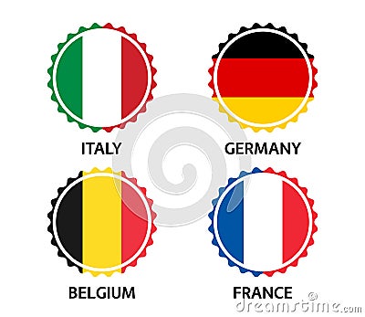 Set of four Italian, German, Belgian and French stickers. Made in Italy, Made in France, Made in Germany and Made in Belgium Vector Illustration