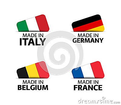 Set of four Italian, German, Belgian and French stickers. Made in Italy, Made in France, Made in Germany and Made in Belgium. Vector Illustration
