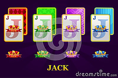 Set of four Jacks playing cards suits for poker and casino. Set of hearts, spades, clubs and diamonds Jack. Vector Illustration