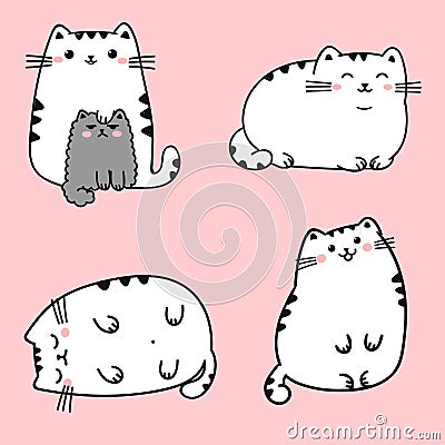 Set of four kawaii cute fat white cats in different poses. Vector Illustration