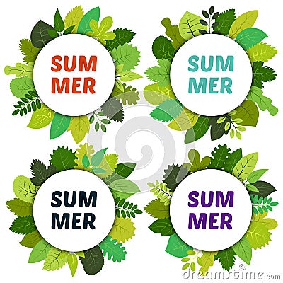 Set of four labels with green summer leaves under white rounds Vector Illustration