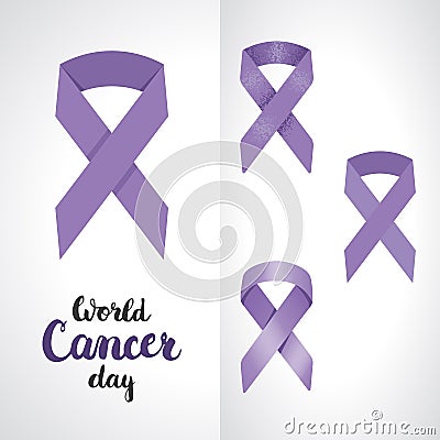 Set of four lavender awareness ribbon symbol of 4th February World Cancer Day with concept ribbon and lettering Vector Illustration