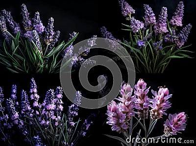 a set of four lavender on a black background, an isolated background, fabric Stock Photo