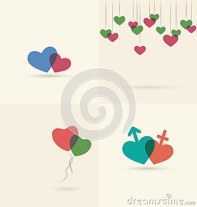 Set of four love icons with hearts isolated on beige Vector Illustration
