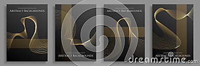 Set of four luxury abstract business posters, templates, black backgrounds with golden lines Vector Illustration