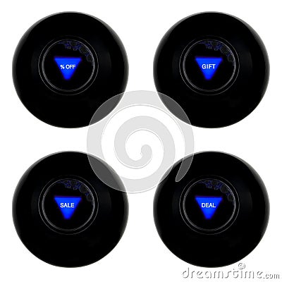 Set of four magic eight balls predictions PERCENTS OFF, DEAL, SALE, GIFT isolated on white background Stock Photo