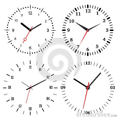 A set of four mechanical clocks. Clock face Vector Illustration