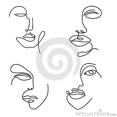 Set of four modern abstract one line face portraits. minimalistic style drawing Vector Illustration