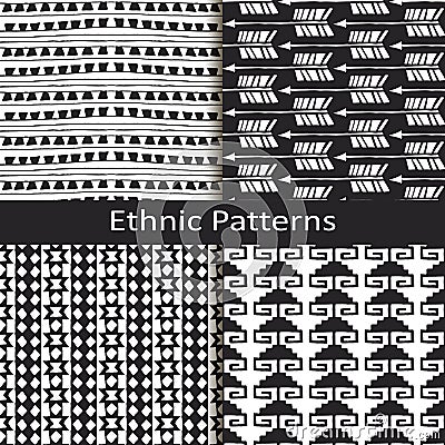 Set of four monochrome ethnic lineal pattern designs Vector Illustration