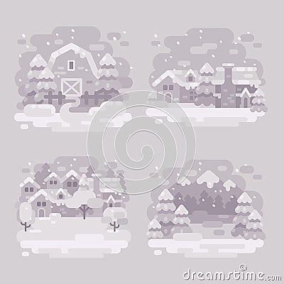 Set of four monochrome white winter landscape backgrounds Vector Illustration