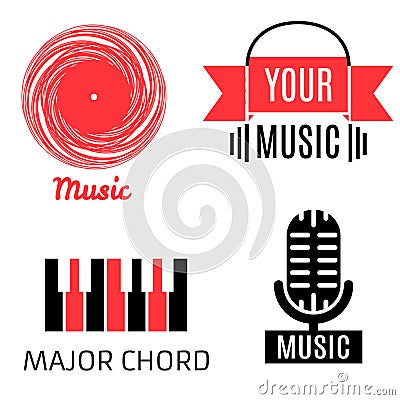 Set of four music logotypes (record,microphone,piano,headphones) Vector Illustration