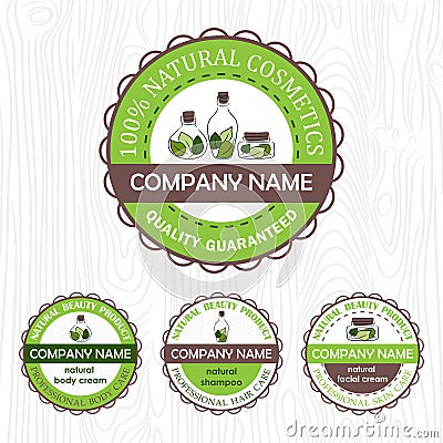 set of four natural cosmetics labels on wooden background Stock Photo