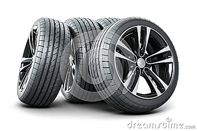 Set of four new car wheels with new tires.3D render Stock Photo