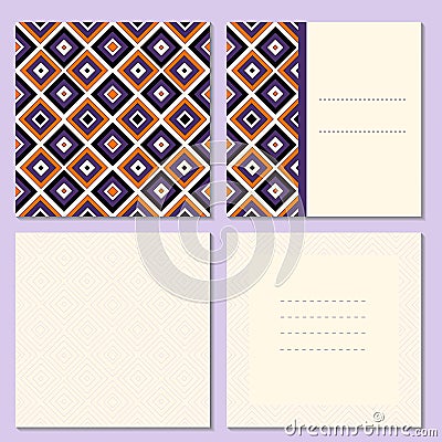 Set of four page greeting cards, invitation, brochures layout with outside and inside spread with geometric pattern Vector Illustration