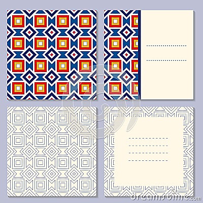 Set of four page greeting cards, invitation, brochures layout with outside and inside spread with geometric pattern Vector Illustration