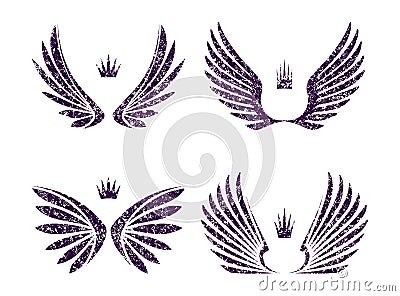 Set of four pairs of wings with crowns in gtunge style. Vector i Vector Illustration