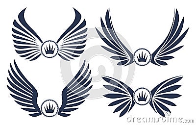 Set of four pairs of wings with crowns. Vector illustration. Vector Illustration