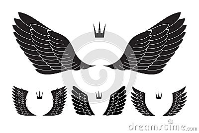 Set of four pairs of wings with crowns. Vector illustration. Vector Illustration