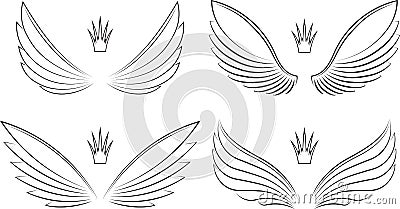 Set of four pairs of wings with crowns. Vector illustration. Vector Illustration