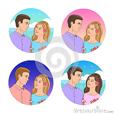 A set of four pictures with couples in love. Vector Illustration