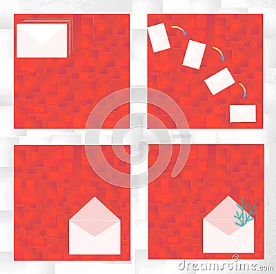 Set of four pictures with white envelopes on a coral background Stock Photo