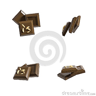 Set of four pieces of chocolate bars from different angles Stock Photo