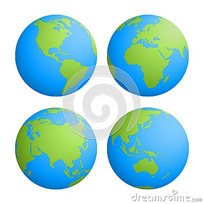 Set of four planet Earth globes with green land silhouette map on blue water background. 3D Vector illustration Vector Illustration