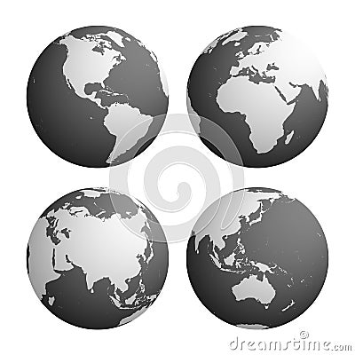 Set of four planet Earth globes with light grey land silhouette map Vector Illustration