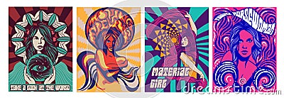 Set of four poster designs of psychedelic girls Vector Illustration