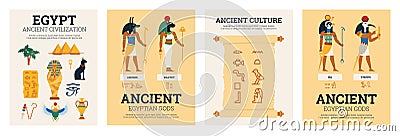 Set of four posters with ancient egyptian mythology concept in flat cartoon style vector Vector Illustration