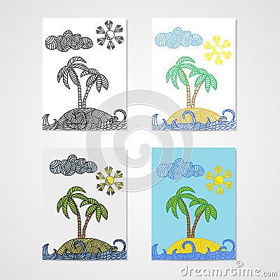 Set of four posters with tropical island with palms and waves Vector Illustration