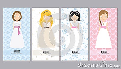 Set of four pretty girls in communion dresses Vector Illustration