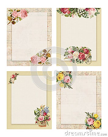 Set of four Printable vintage shabby chic style floral rose stationary on wood and paper background Stock Photo