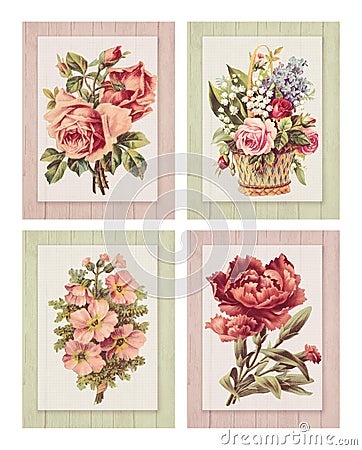 Set of four Printable vintage shabby chic style flower on wood textured background frame Stock Photo