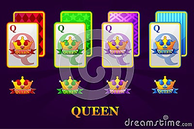 Set of four Queens playing cards suits for poker and casino. Set of hearts, spades, clubs and diamonds Queen. Vector Illustration