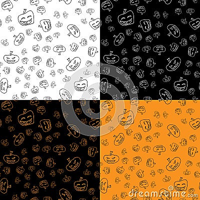 Set of four random seamless patterns. Halloween pumpkin. Halloween pumpkin seamless outline in a hand-drawn style. October harvest Stock Photo