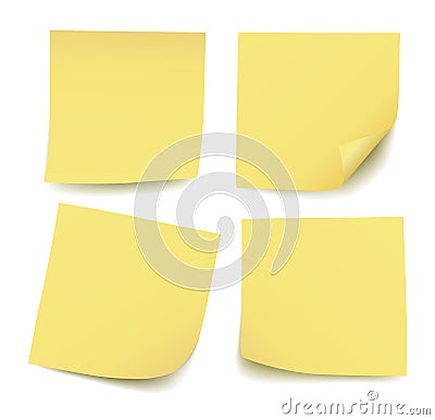 Set of four realistic blank yellow post it notes isolated Vector Illustration