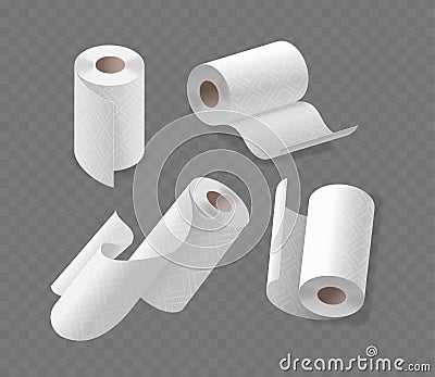 Set Of Four Realistic Paper Towel Rolls Isolated On A Transparent Background. 3d Vector Image Features Different Stages Vector Illustration