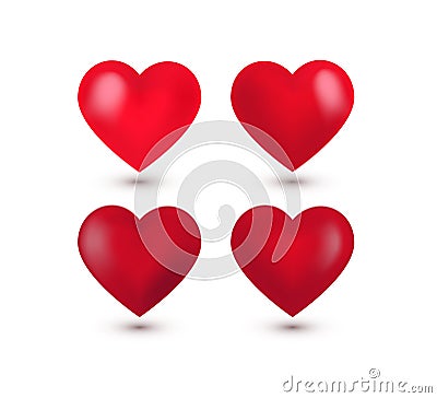 Set of four realistic red Valentine Hearts, shadow. Vector illustration Vector Illustration
