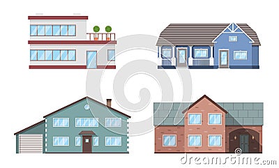 Set of four residention houses. Living cottage set. Apartament building. Home facade with doors and windows. Vector Illustration