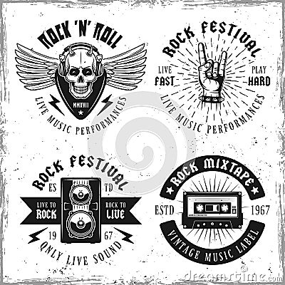 Set of four rock music vector emblems or labels Vector Illustration