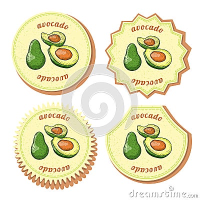 Set with Four Round Labels for Avocado Fruit Vector Illustration