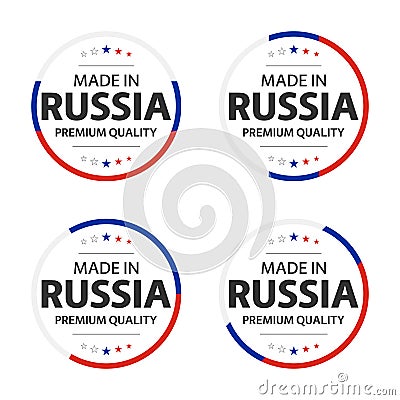 Set of four Russian icons, English title Made in Russia, premium quality stickers and symbols, internation labels Vector Illustration