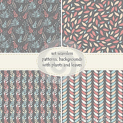 Set of four seamless backgrounds, patterns of plants, leaves and branches of leaves in pastel colors on a graphite background . Vector Illustration