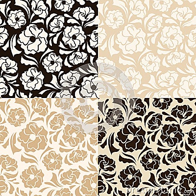 Set of four seamless beige and brown floral patterns. Vector illustration. Vector Illustration