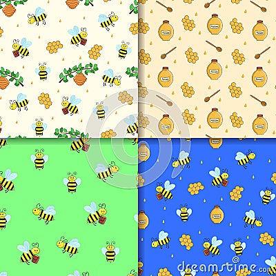 Set of four Seamless pattern of cartoon bees, hive and honey. Vector illustration Wallpaper background Vector Illustration