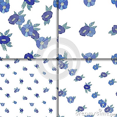 Set of four seamless patterns with blue flowers Vector Illustration