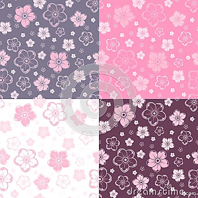 Set of four seamless patterns with flowers. Vector Vector Illustration