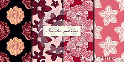 Set of four seamless patterns with flowers in pink cherry colors. Vector background Vector Illustration